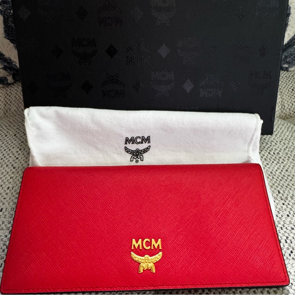 MCM Red and Tan Wallet with Gold Accents